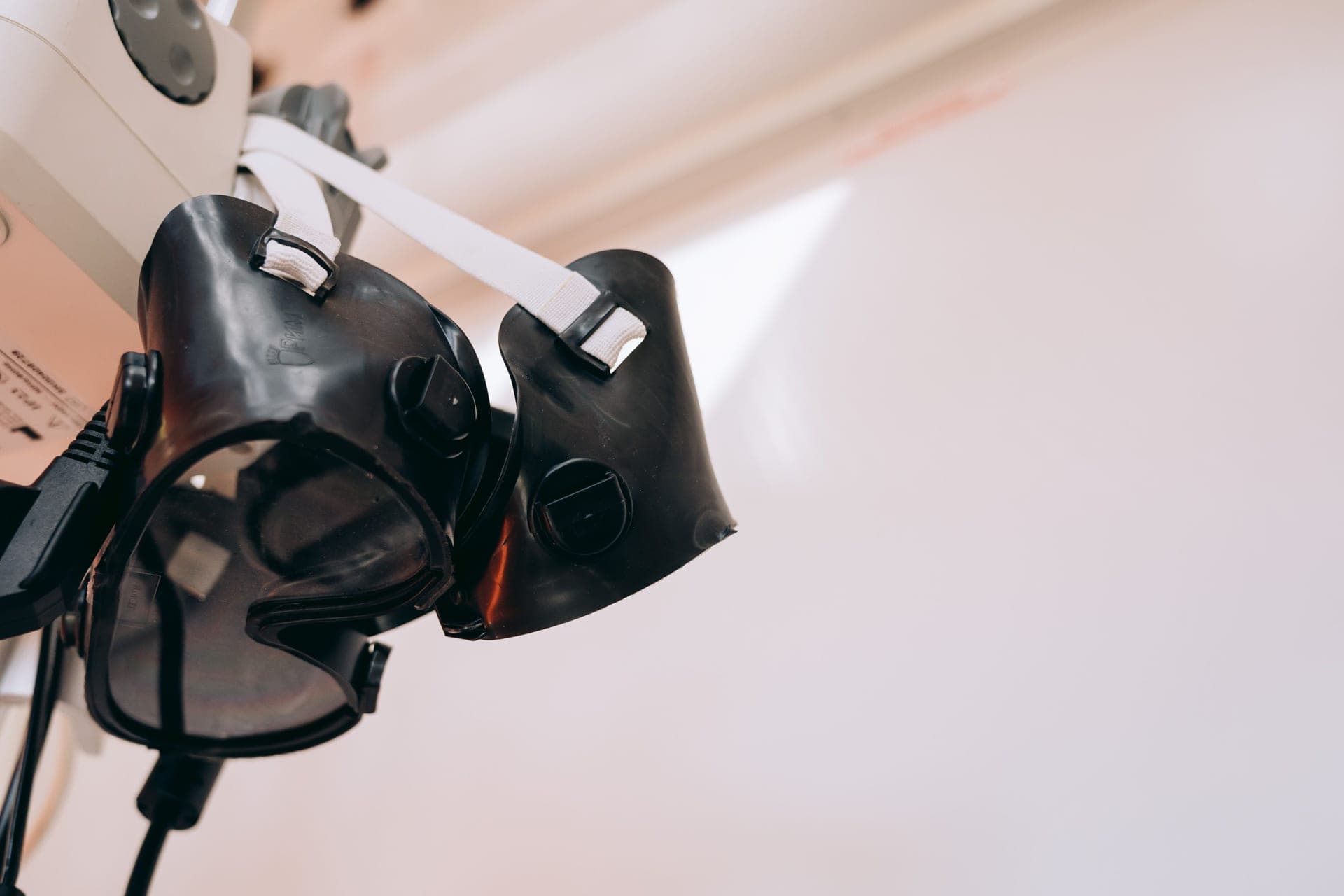 Close-up of protective goggles on a clinical bench