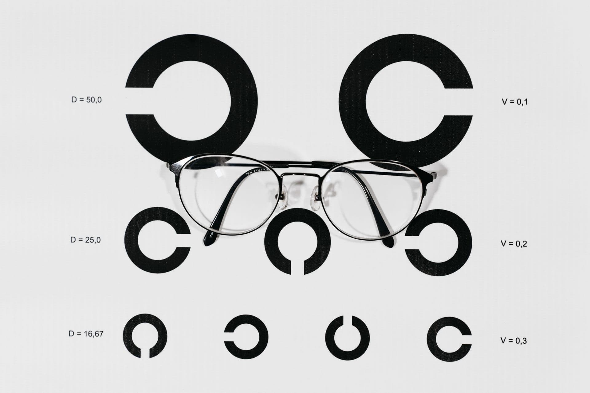 Eyeglasses resting on a Snellen eye chart